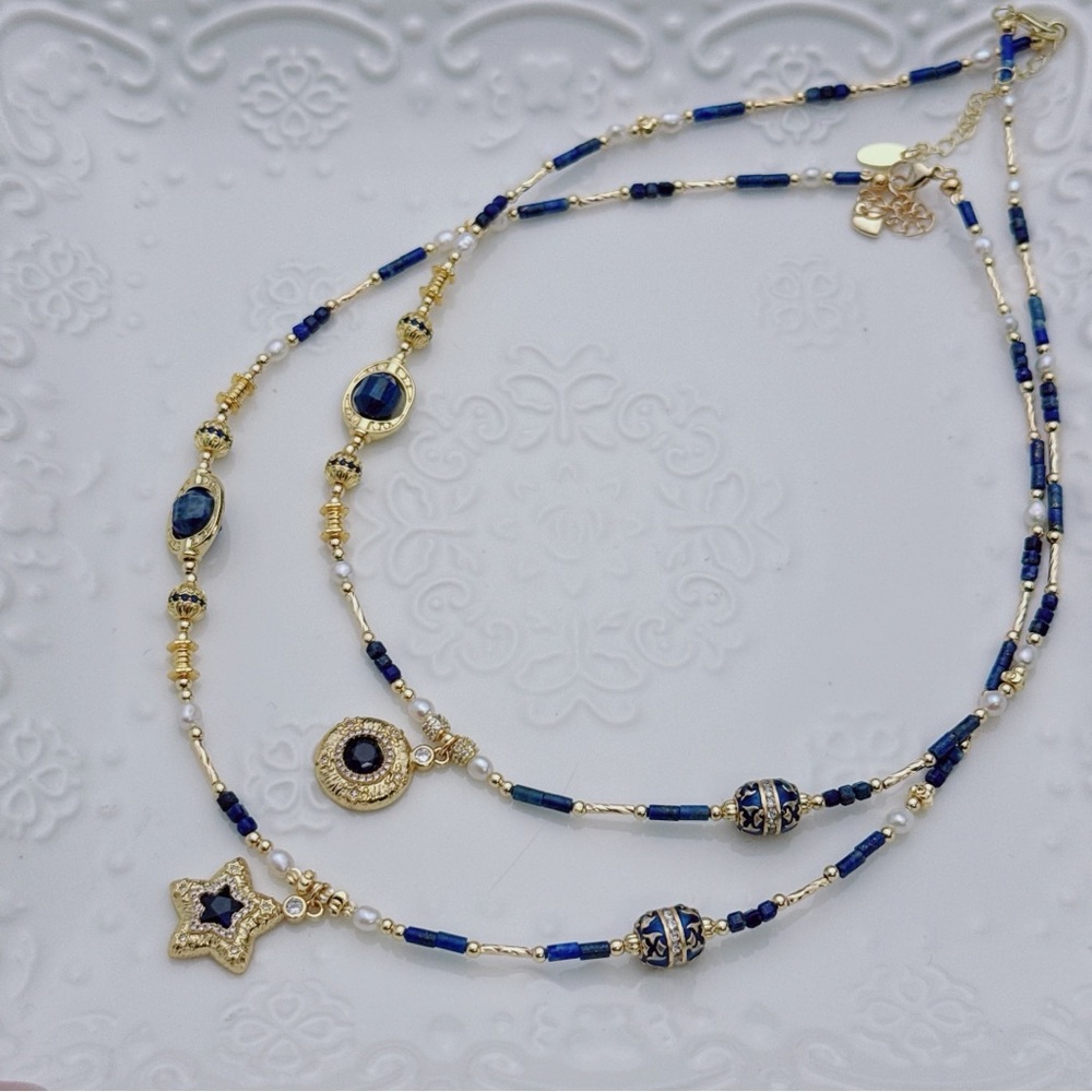 26X202 Handmade Freshwater Baby Pearl Lapis Dainty Necklace
